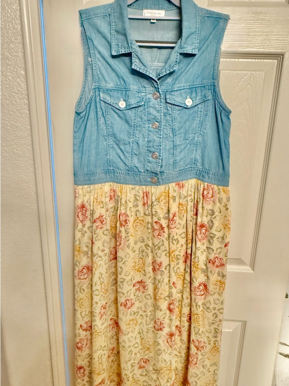 Jones New York Blue Denim Button-Up bodice, with a Floral full skirt bottom
Midi